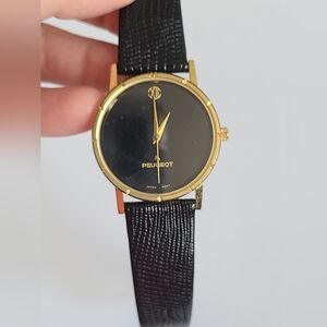 Vintage Peugeot Gold Tone Black Band Thick Strap Genuine Leather Watch